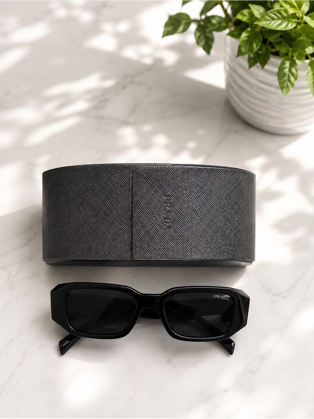 Unisex Luxury Prada Black Rectangle Sunglasses w/ Case